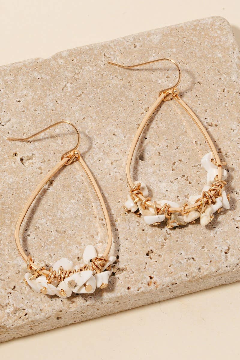 Pebble Stone Charms Tear Dangle Earrings: WHITE