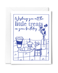 Birthday card with blue illustrations of a table setting and text on a white background