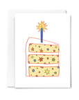 Greeting card with a colorful birthday cake illustration on a white background