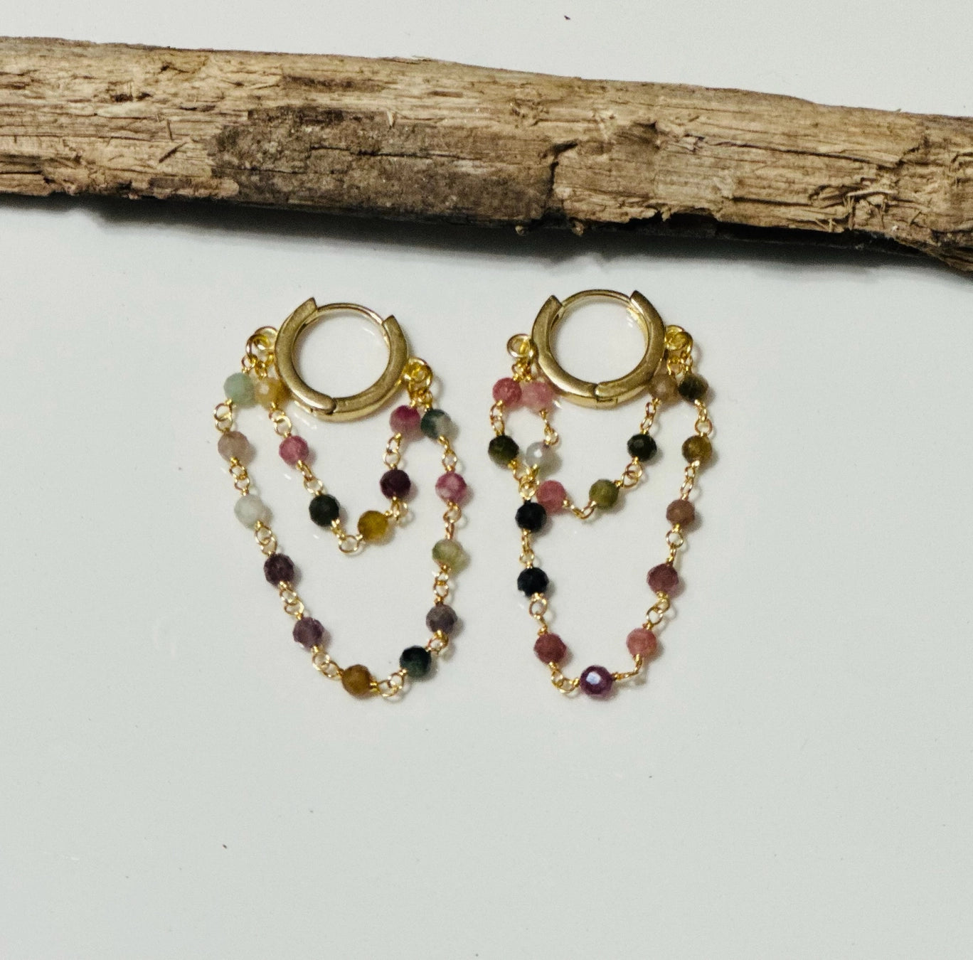 Layered Gemstone Chain Huggie Hoops