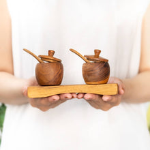 Load image into Gallery viewer, Teak Wood Small Salt Spice Jar Set with Tray and Spoons
