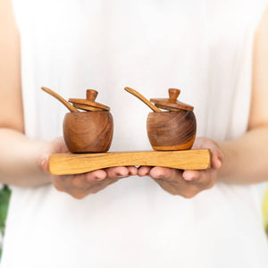 Teak Wood Small Salt Spice Jar Set with Tray and Spoons