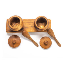 Load image into Gallery viewer, Teak Wood Small Salt Spice Jar Set with Tray and Spoons
