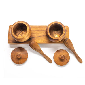 Teak Wood Small Salt Spice Jar Set with Tray and Spoons