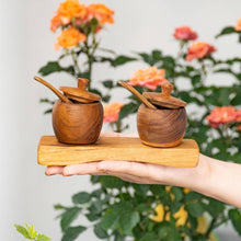 Load image into Gallery viewer, Teak Wood Small Salt Spice Jar Set with Tray and Spoons
