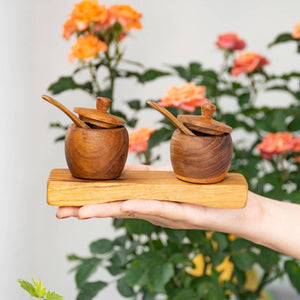 Teak Wood Small Salt Spice Jar Set with Tray and Spoons