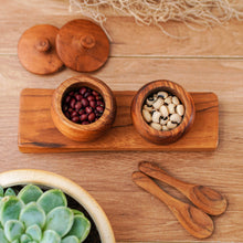 Load image into Gallery viewer, Teak Wood Small Salt Spice Jar Set with Tray and Spoons
