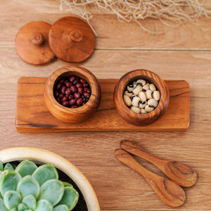 Teak Wood Small Salt Spice Jar Set with Tray and Spoons