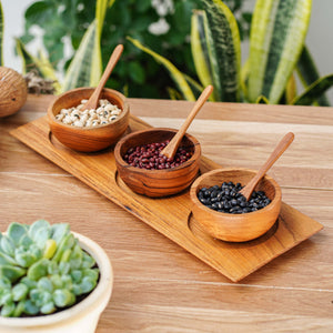 Teak Wood Condiment Dipping Bowl Set with Tray