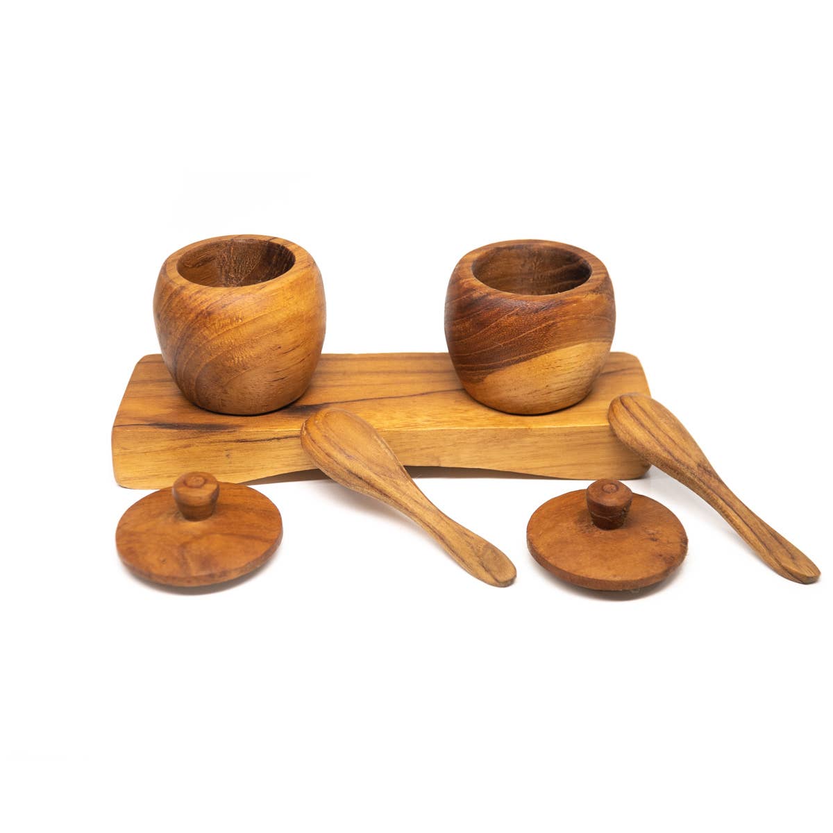 Teak Wood Small Salt Spice Jar Set with Tray and Spoons