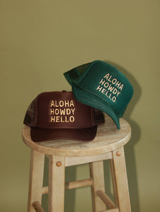 Aloha Howdy Hello Trucker hats: Beige