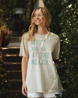 Meet Me At The Beach Oversized Graphic Top : Mineral Tan
