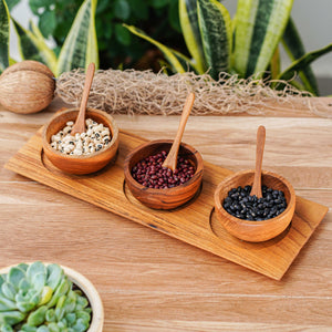 Teak Wood Condiment Dipping Bowl Set with Tray