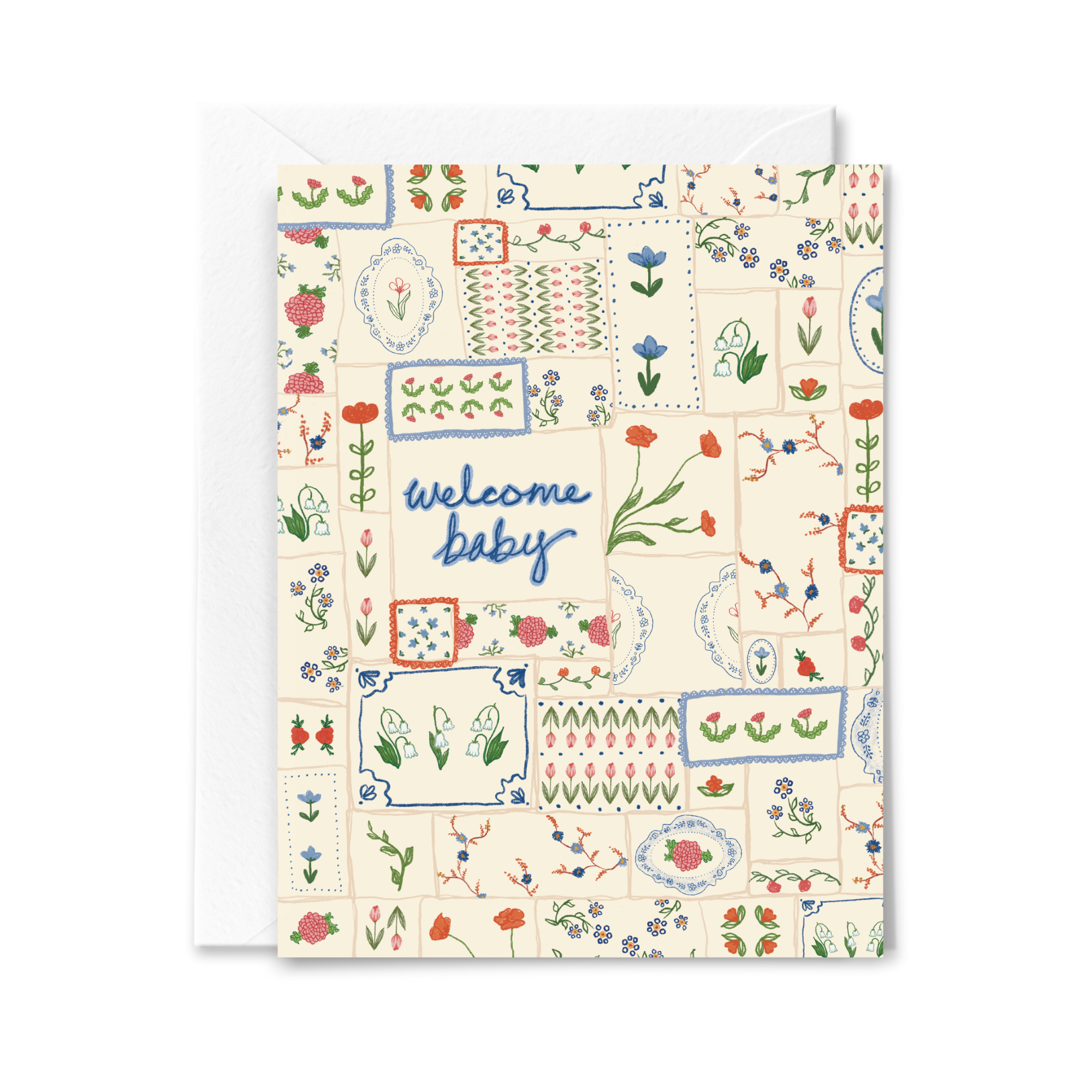 Greeting card with floral patterns and 'welcome baby' text on a white background