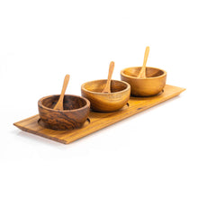 Load image into Gallery viewer, Teak Wood Condiment Dipping Bowl Set with Tray
