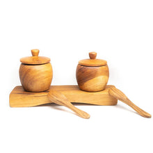 Load image into Gallery viewer, Teak Wood Small Salt Spice Jar Set with Tray and Spoons
