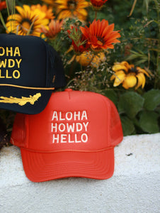 Aloha Howdy Hello Trucker hats: Beige