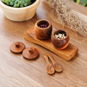 Teak Wood Small Salt Spice Jar Set with Tray and Spoons