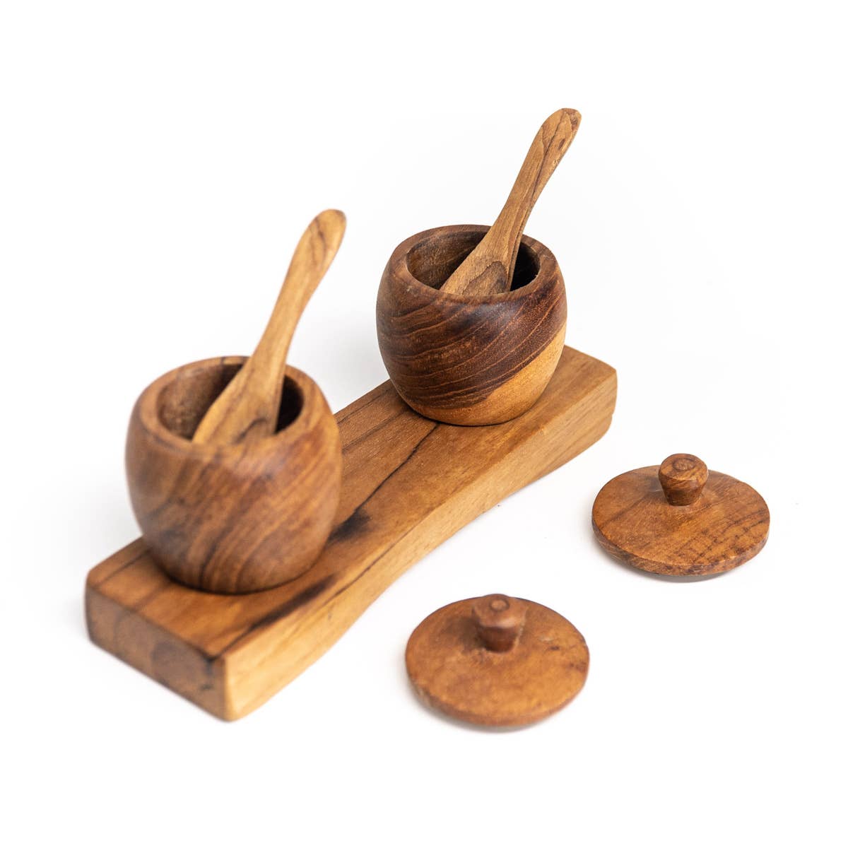 Teak Wood Small Salt Spice Jar Set with Tray and Spoons