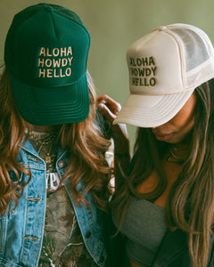 Aloha Howdy Hello Trucker hats: Beige