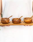 Teak Wood Condiment Dipping Bowl Set with Tray