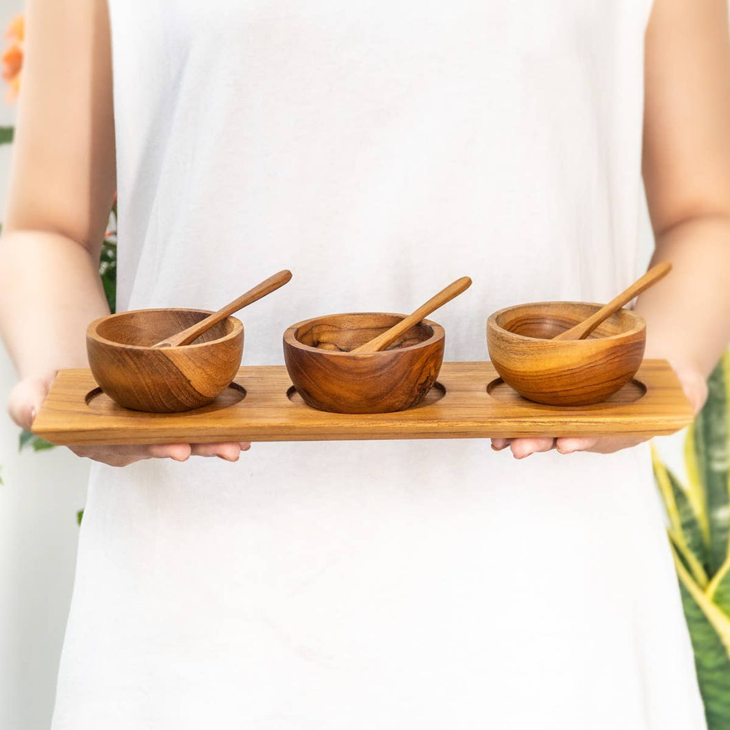 Teak Wood Condiment Dipping Bowl Set with Tray