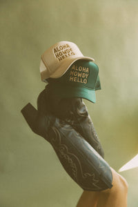 Aloha Howdy Hello Trucker hats: Beige