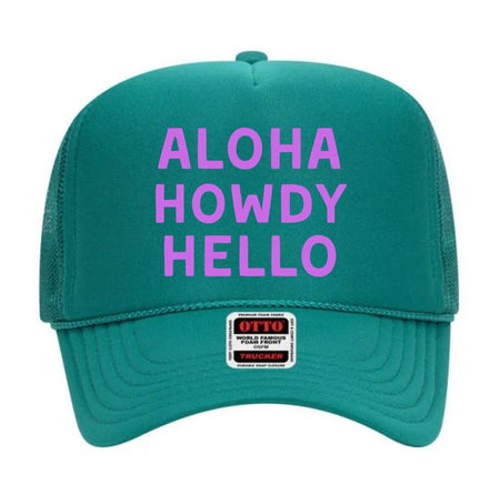 Aloha Howdy Hello Trucker hats: Beige