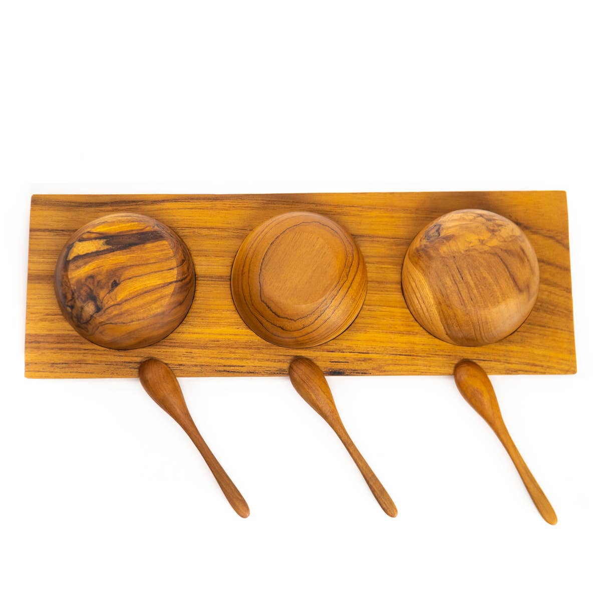 Teak Wood Condiment Dipping Bowl Set with Tray