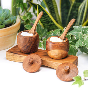 Teak Wood Small Salt Spice Jar Set with Tray and Spoons