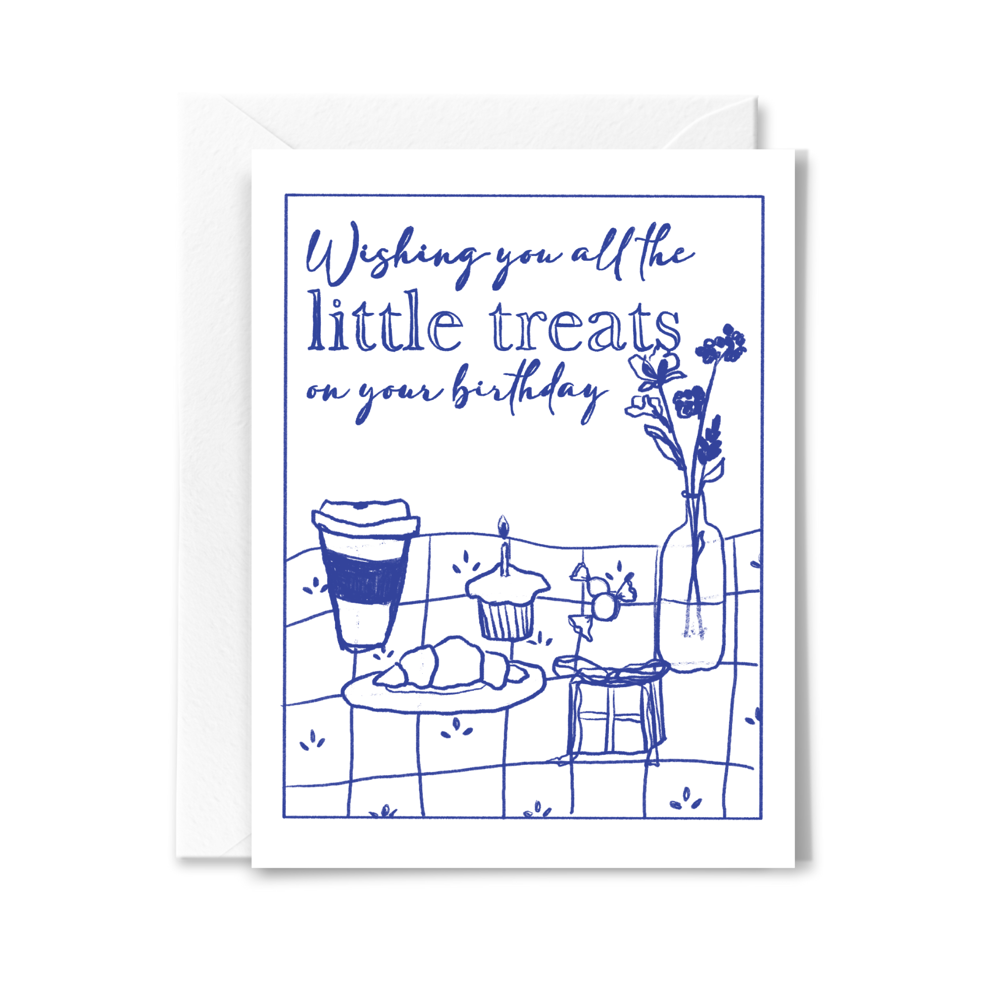 Birthday card with blue illustrations of a table setting and text on a white background