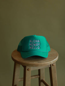 Aloha Howdy Hello Trucker hats: Beige