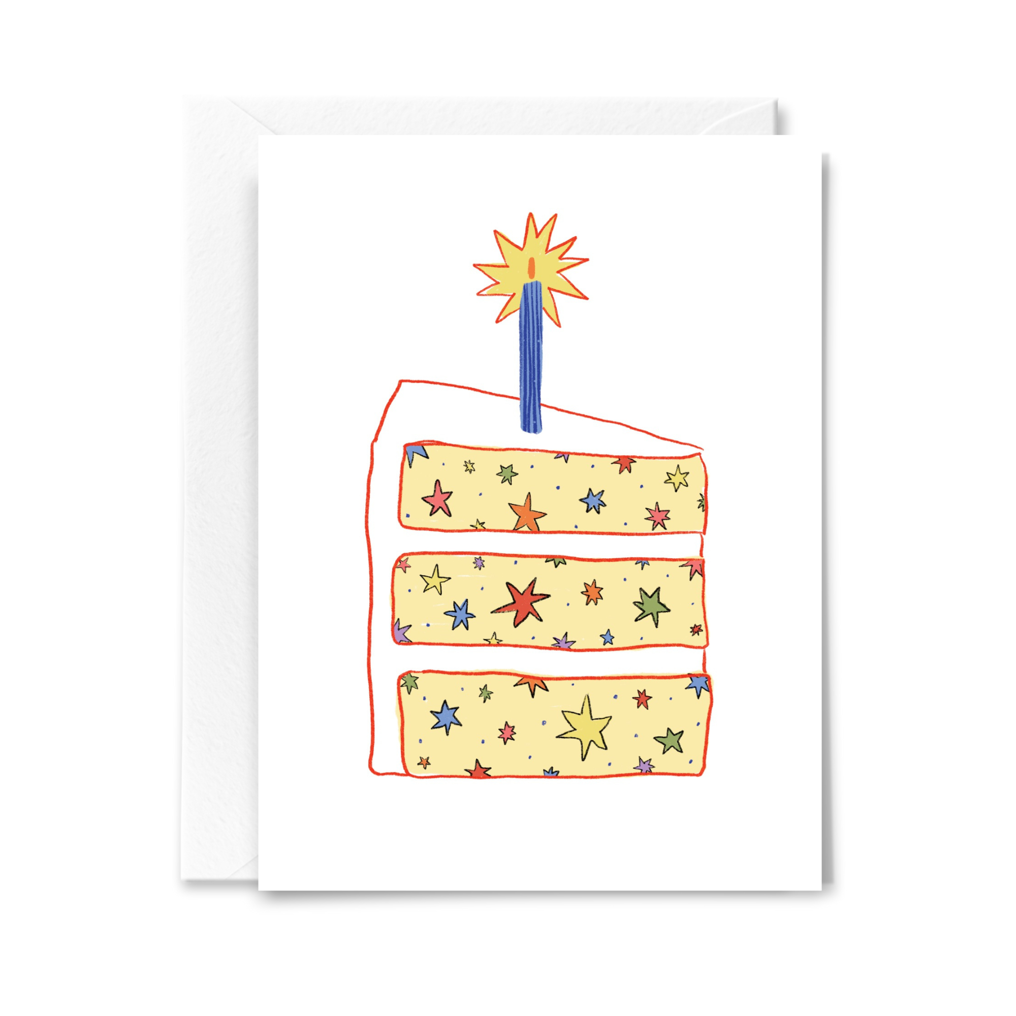 Greeting card with a colorful birthday cake illustration on a white background