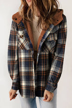 Load image into Gallery viewer, Plaid Pattern Sherpa Lined Hooded Shacket: Dark Blue
