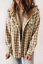 Load image into Gallery viewer, Plaid Pattern Sherpa Lined Hooded Shacket: Khaki
