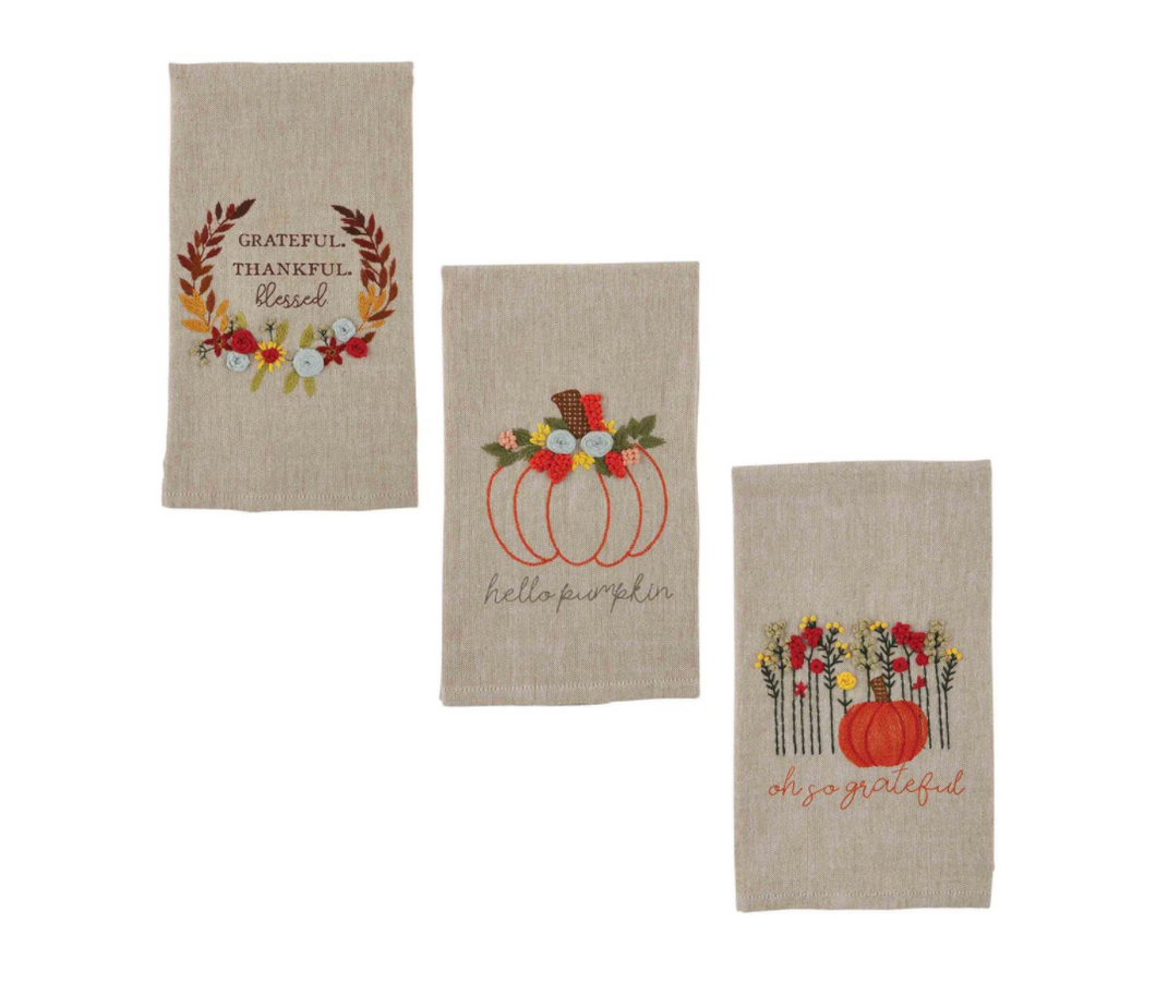 Grateful French Knot Thanksgiving Embroidered Tea Towel